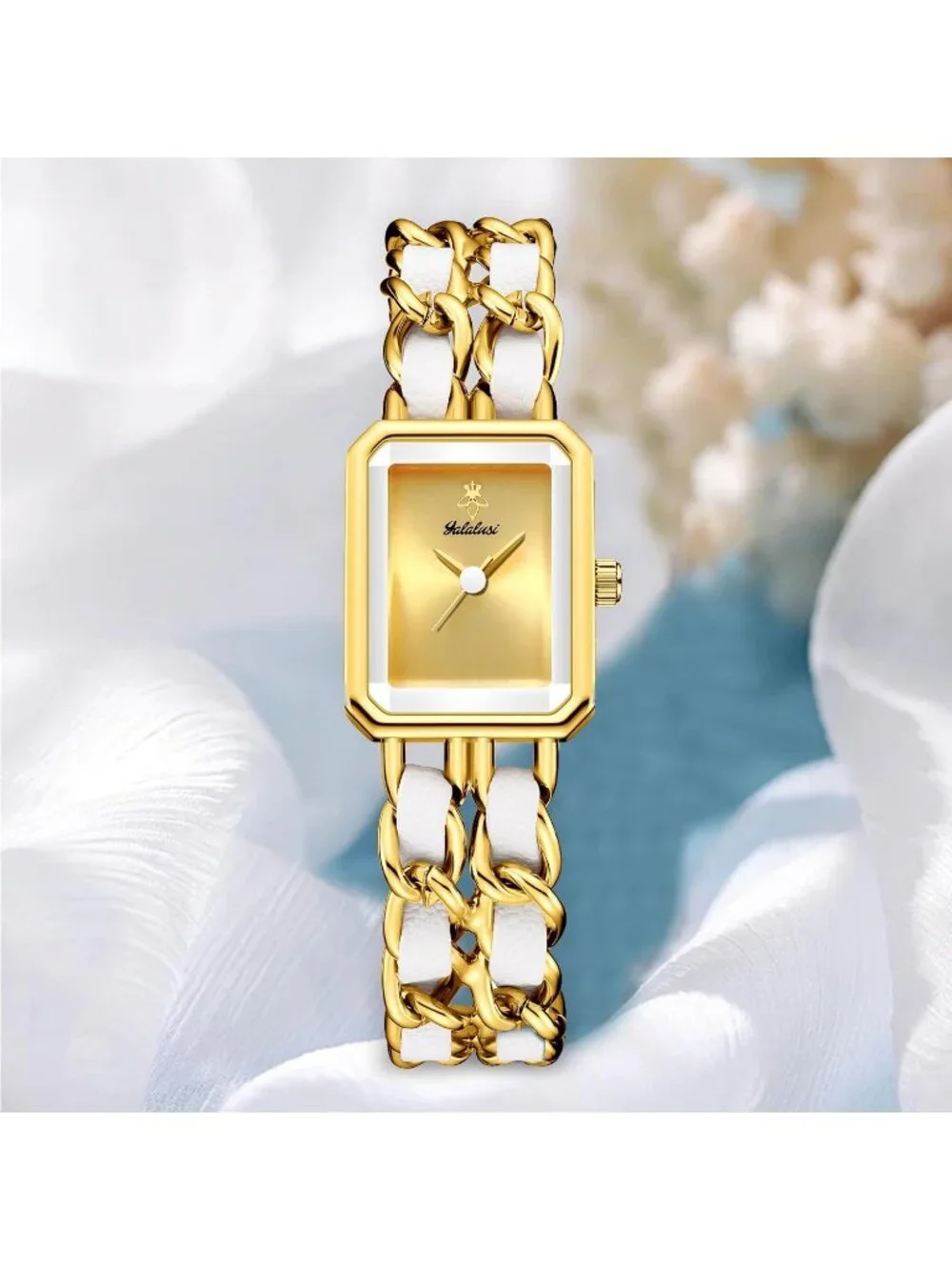 Women's White Gold Square Adjustable Chain Braid Band Quartz Retro Wrist Watch